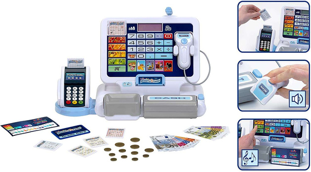 Pokladna pro hračkářství s terminálem a skenerem + příslušenství pro dětské domácí spotřebiče Zvuk Klein