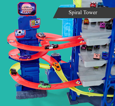 Duży Zestaw Wielki Wielofunkcyjny Garaż Super Centrum Pościgu + 4 kolorowe auta radiowóz i niebieski pociąg Światło Dźwięk