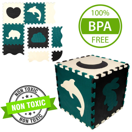 Humbi Vzdělávací podložka 120 x 120 cm Hrací deka Silné pěnové puzzle 30 x 30 cm Zvířata Tvary Zvířata Zoo Barva černá krémová tmavě zelená