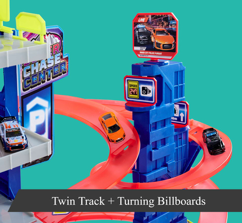 Duży Zestaw Wielki Wielofunkcyjny Garaż Super Centrum Pościgu + 4 kolorowe auta radiowóz i niebieski pociąg Światło Dźwięk