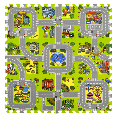 Humbi Vzdělávací podložka Silné pěnové puzzle 31,5 x 31,5 x 1 cm 9 kusů Barevné ulice Miasto sto ulic Budovy Domy Domy domy