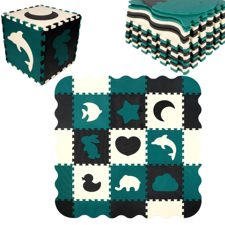 Humbi Vzdělávací podložka 120 x 120 cm Hrací deka Silné pěnové puzzle 30 x 30 cm Zvířata Tvary Zvířata Zoo Barva černá krémová tmavě zelená