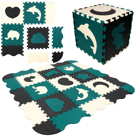 Humbi Vzdělávací podložka 120 x 120 cm Hrací deka Silné pěnové puzzle 30 x 30 cm Zvířata Tvary Zvířata Zoo Barva černá krémová tmavě zelená