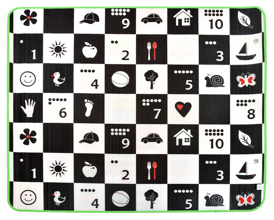 Humbi Piankowa dwustronna mata edukacyjna Szachownica 3w1 Polski Alfabet Cyfry Obrazki Kontrastowe czarno-biała 150 x 180 x 1 cm