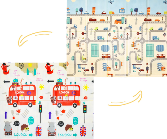 Humbi Oboustranná skládací vzdělávací podložka z XPE pěny 150x180x1cm Londýn, autobus, ulice, Miasto