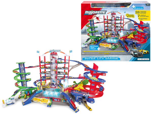 Velká garáž Super City 7 úrovní + 6 aut a lokomotiva se zvukem a světlem