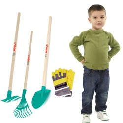 Sada dětských rukavic Bosch s dřevěnou násadou Klein, zahradní hrábě a lopata