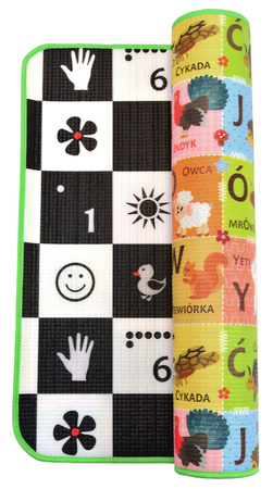 Humbi Piankowa dwustronna mata edukacyjna Szachownica 3w1 Polski Alfabet Cyfry Obrazki Kontrastowe czarno-biała 100 x 150 x 1 cm