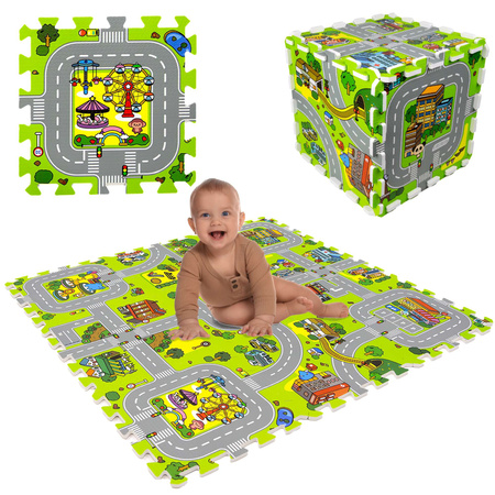 Humbi Vzdělávací podložka Silné pěnové puzzle 31,5 x 31,5 x 1 cm 9 kusů Barevné ulice Miasto sto ulic Budovy Domy Domy domy