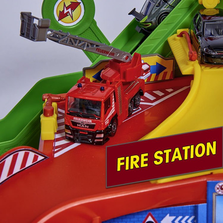 Velká garáž Super City 7 úrovní + 6 aut a lokomotiva se zvukem a světlem