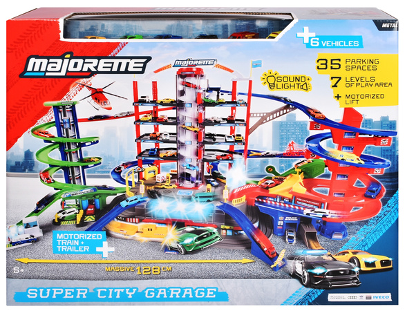 Velká garáž Super City 7 úrovní + 6 aut a lokomotiva se zvukem a světlem