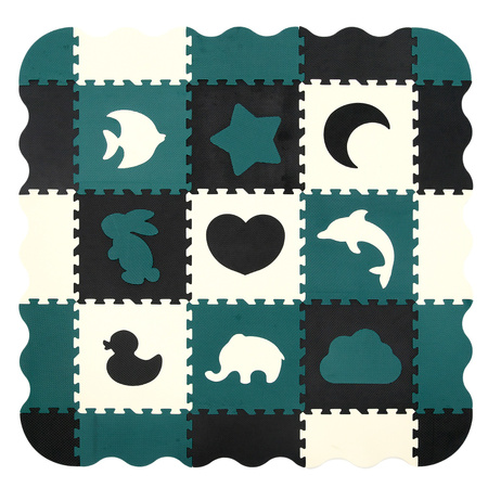 Humbi Vzdělávací podložka 120 x 120 cm Hrací deka Silné pěnové puzzle 30 x 30 cm Zvířata Tvary Zvířata Zoo Barva černá krémová tmavě zelená