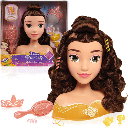 Kadeřnická hlava panenky Disney princezny Belle Bella Kráska a zvíře Kadeřník + příslušenství