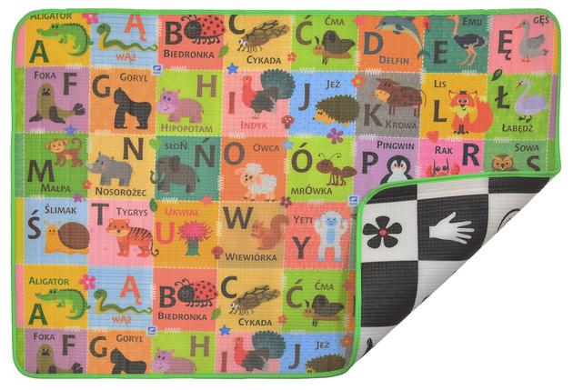 Humbi Piankowa dwustronna mata edukacyjna Szachownica 3w1 Polski Alfabet Cyfry Obrazki Kontrastowe czarno-biała 100 x 150 x 1 cm