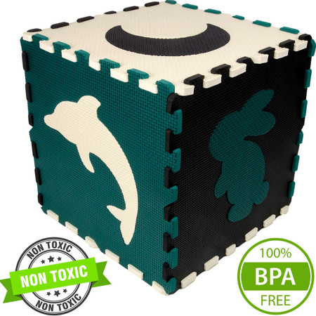 Humbi Vzdělávací podložka 120 x 120 cm Hrací deka Silné pěnové puzzle 30 x 30 cm Zvířata Tvary Zvířata Zoo Barva černá krémová tmavě zelená