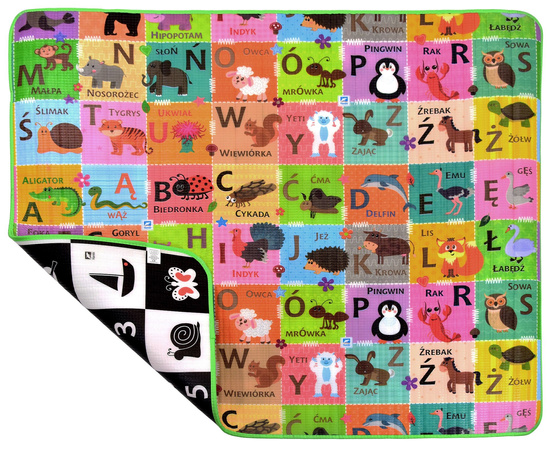 Humbi Piankowa dwustronna mata edukacyjna Szachownica 3w1 Polski Alfabet Cyfry Obrazki Kontrastowe czarno-biała 150 x 180 x 1 cm
