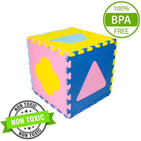 Humbi Vzdělávací podložka 120 x 120 cm Ohrádka Silné pěnové puzzle 30 x 30 cm Tvary Barva žlutá modrá růžová