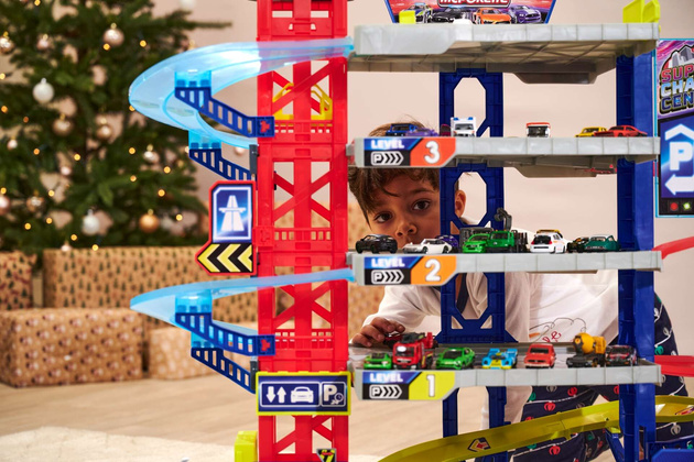 Duży Zestaw Wielki Wielofunkcyjny Garaż Super Centrum Pościgu + 4 kolorowe auta radiowóz i niebieski pociąg Światło Dźwięk