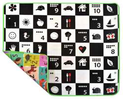 Humbi Piankowa dwustronna mata edukacyjna Szachownica 3w1 Polski Alfabet Cyfry Obrazki Kontrastowe czarno-biała 150 x 180 x 1 cm