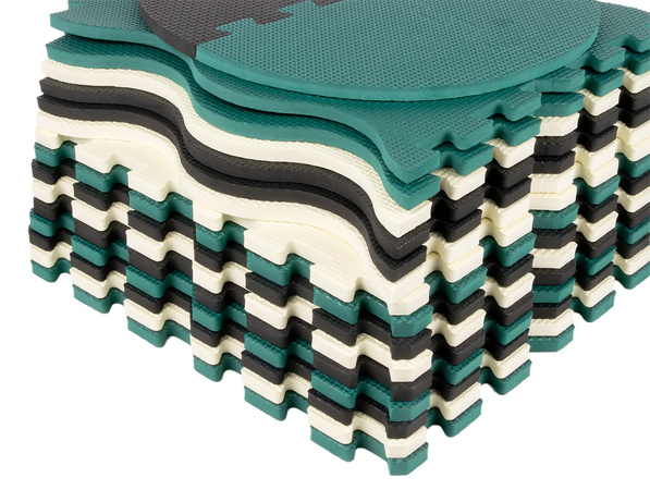 Humbi Vzdělávací podložka 120 x 120 cm Hrací deka Silné pěnové puzzle 30 x 30 cm Zvířata Tvary Zvířata Zoo Barva černá krémová tmavě zelená