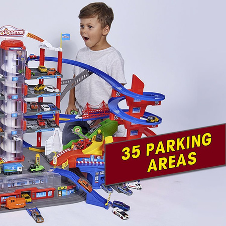 Velká garáž Super City 7 úrovní + 6 aut a lokomotiva se zvukem a světlem