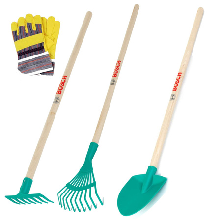 Sada dětských rukavic Bosch s dřevěnou násadou Klein, zahradní hrábě a lopata