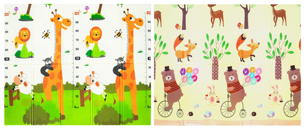 Humbi Oboustranná skládací výuková podložka z pěnového XPE 150x180x1cm Žirafy, Miarka, Medvídci, Lišky, Sárinky