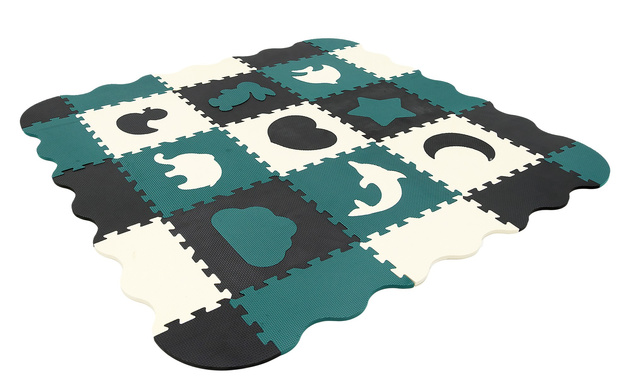 Humbi Vzdělávací podložka 120 x 120 cm Hrací deka Silné pěnové puzzle 30 x 30 cm Zvířata Tvary Zvířata Zoo Barva černá krémová tmavě zelená