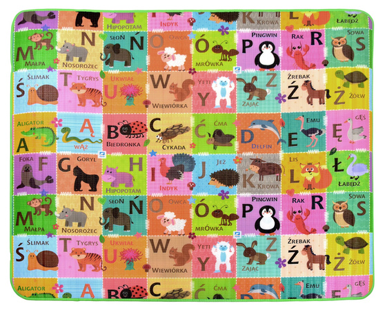 Humbi Piankowa dwustronna mata edukacyjna Szachownica 3w1 Polski Alfabet Cyfry Obrazki Kontrastowe czarno-biała 150 x 180 x 1 cm