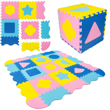 Humbi Vzdělávací podložka 120 x 120 cm Ohrádka Silné pěnové puzzle 30 x 30 cm Tvary Barva žlutá modrá růžová