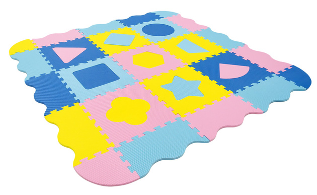 Humbi Vzdělávací podložka 120 x 120 cm Ohrádka Silné pěnové puzzle 30 x 30 cm Tvary Barva žlutá modrá růžová