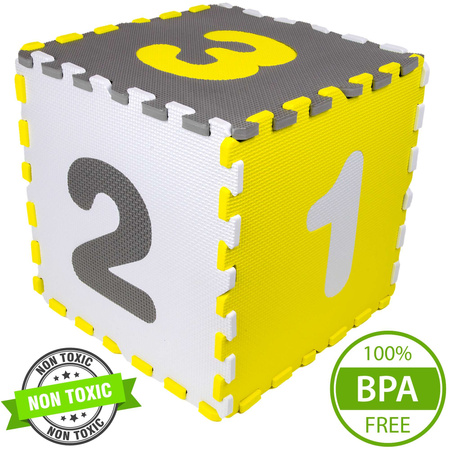 Humbi Velká vzdělávací podložka 150 x 150 cm Hrací deka XXL Silné pěnové puzzle 30 x 30 cm Čísla Tvary Barva Šedá Bílá Žlutá