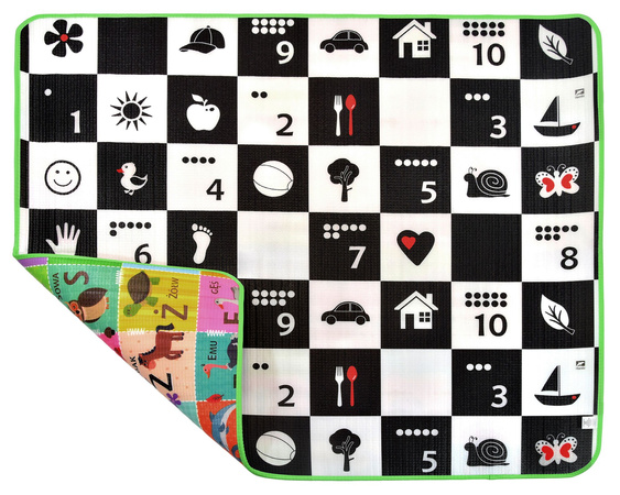 Humbi Piankowa dwustronna mata edukacyjna Szachownica 3w1 Polski Alfabet Cyfry Obrazki Kontrastowe czarno-biała 150 x 180 x 1 cm