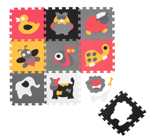 Humbi Vzdělávací podložka 120 x 120 cm Hrací deka Silné pěnové puzzle 30 x 30 cm Zvířata Barva bílá šedá černá růžová oranžová barevná
