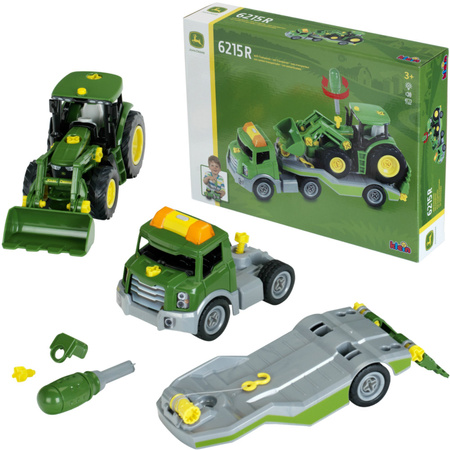 Sada stavebního náklaďáku Traktor na přívěsu Šroubovák na otáčení světla + zvuk John Deere Klein