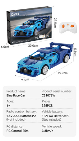 CaDA Construction Blocks Blue Race Car Remote Control RC Vehicle Dual Mode 325 elements