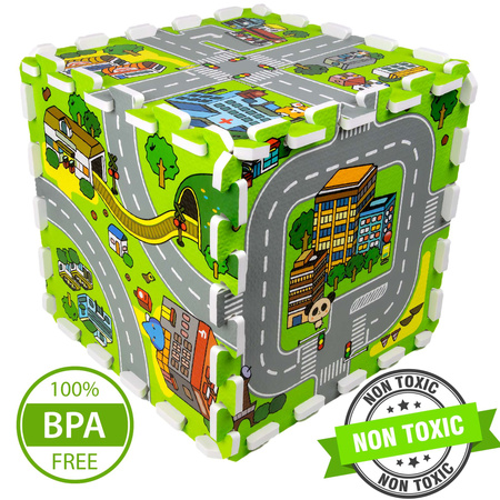 Humbi Vzdělávací podložka Silné pěnové puzzle 31,5 x 31,5 x 1 cm 9 kusů Barevné ulice Miasto sto ulic Budovy Domy Domy domy