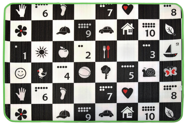 Humbi Piankowa dwustronna mata edukacyjna Szachownica 3w1 Polski Alfabet Cyfry Obrazki Kontrastowe czarno-biała 100 x 150 x 1 cm