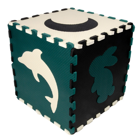 Humbi Vzdělávací podložka 120 x 120 cm Hrací deka Silné pěnové puzzle 30 x 30 cm Zvířata Tvary Zvířata Zoo Barva černá krémová tmavě zelená