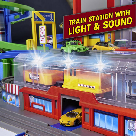 Velká garáž Super City 7 úrovní + 6 aut a lokomotiva se zvukem a světlem