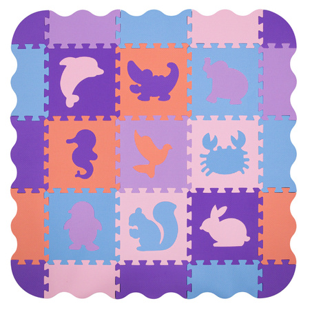 Humbi Vzdělávací podložka 120 x 120 cm Hrací deka Silné pěnové puzzle 30 x 30 cm Zvířata Barva růžová fialová pastelová modrá
