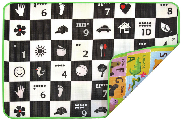 Humbi Piankowa dwustronna mata edukacyjna Szachownica 3w1 Polski Alfabet Cyfry Obrazki Kontrastowe czarno-biała 100 x 150 x 1 cm