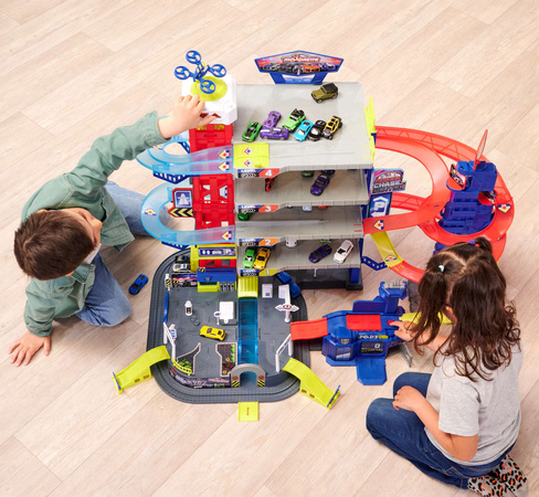 Duży Zestaw Wielki Wielofunkcyjny Garaż Super Centrum Pościgu + 4 kolorowe auta radiowóz i niebieski pociąg Światło Dźwięk