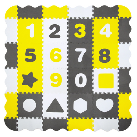 Humbi Velká vzdělávací podložka 150 x 150 cm Hrací deka XXL Silné pěnové puzzle 30 x 30 cm Čísla Tvary Barva Šedá Bílá Žlutá