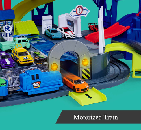 Duży Zestaw Wielki Wielofunkcyjny Garaż Super Centrum Pościgu + 4 kolorowe auta radiowóz i niebieski pociąg Światło Dźwięk