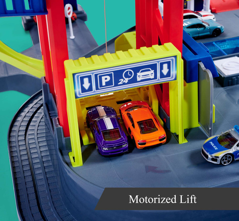 Duży Zestaw Wielki Wielofunkcyjny Garaż Super Centrum Pościgu + 4 kolorowe auta radiowóz i niebieski pociąg Światło Dźwięk