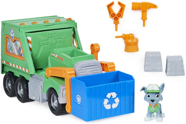 Figurka Psi Patrol Rocky a velké recyklační popelářské auto + příslušenství