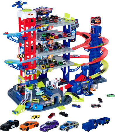 Duży Zestaw Wielki Wielofunkcyjny Garaż Super Centrum Pościgu + 4 kolorowe auta radiowóz i niebieski pociąg Światło Dźwięk