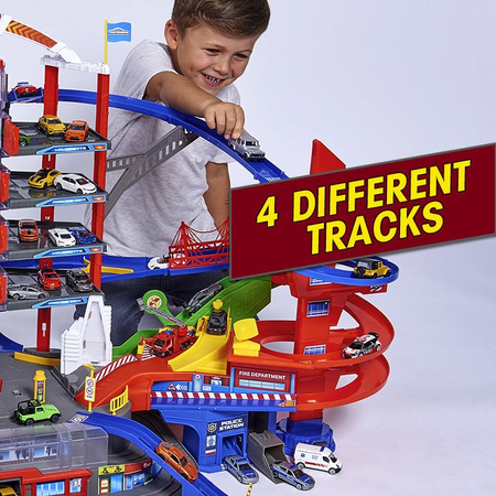 Velká garáž Super City 7 úrovní + 6 aut a lokomotiva se zvukem a světlem