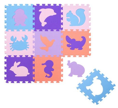 Humbi Vzdělávací podložka 120 x 120 cm Hrací deka Silné pěnové puzzle 30 x 30 cm Zvířata Barva růžová fialová pastelová modrá